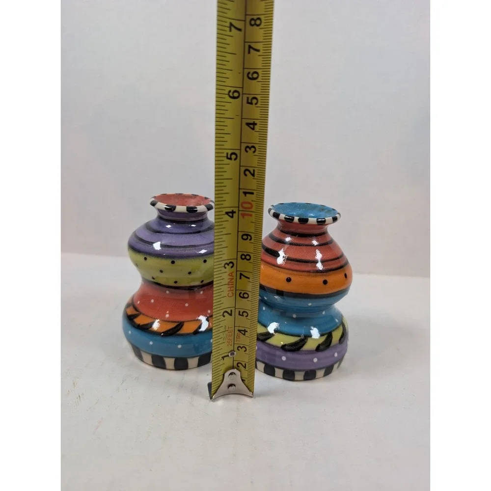 KMM Art Pottery Pair Taper Candlestick Holders Colorful Painted Signed Whimsical